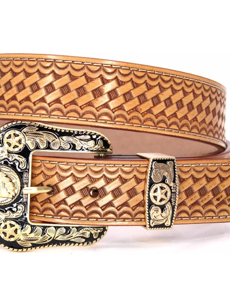 Western Cowboy Belt For Men - Genuine Leather Western Belt With Engraved Buckle,